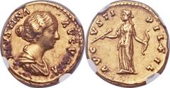Faustina Junior, wife of Marcus Aurelius (Augusta, AD 147-175). AV aureus (19mm, 6.64 gm, 6h). Rome mint. Struck under Antoninus Pius, circa AD 154-157. FAVSTINA AVGVSTA, draped bust right / AVG-VSTI 