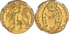 Chíos. Anonymous (1343-54) gold Venetian Imitation Ducat ND MS65 NGC, Uncertain mint, Fr-38a var, Cf. Ives Pl. XIII. ΛZDR DΛZDVO DVX | SN VЄNЄTI, St. Mark standing right presenting banner to kneeling 