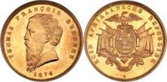 Republic gold "Fine Beard" Burgers Pond 1874 MS62 NGC, Heaton mint, KM1.2, Fr-1, Hern-B1. Mintage: 695 (for variety). While not nearly as recognizable today as the widely visible Krugerrand, within nu