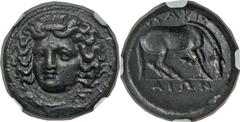 THESSALY. Larissa. Ca. 380-340 BC. Æ dichalkon (17mm, 5.45 gm, 5h). Head of nymph Larissa three-quarter facing left, wearing plain necklace and ampyx; border of dots / ΛΑΡΙΣ-AΙΩΝ, horse crouching righ