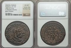 CILICIA. Tarsus. Pupienus (AD 238). Æ 42mm medallion (27.51 gm). Struck April-June AD 238. Laureate, draped and cuirassed bust of Pupienus right / Hercules wrestling the giant Antaeus. SNG BN 1639. Ex