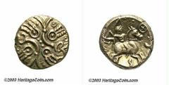 Celtic Britain, Trinovantes. Tasciovanus. Mid-late 1st century B.C. AV stater (16 mm, 5.40 g). Two stylized crescents and wreaths / Celtic warrior riding on horse right, carrying carnyx in right hand;