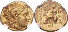 THRACIAN KINGDOM. Lysimachus (305-281 BC). AV stater (18mm, 8.37 gm, 12h). Posthumous issue of Odessus, ca. 225-200 BC. Diademed head of the deified Alexander the Great right, with horn of Ammon / BAΣ