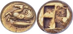 MYSIA. Cyzicus. Ca. 550-450 BC. EL 1/12th stater or hemihecte (8mm, 1.34 gm). Forepart of winged stag left, tunny fish swimming left below / Quadripartite incuse square. Von Fritze 102. Rosen 482. Wel