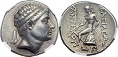 SELEUCID KINGDOM. Antiochus Hierax (246-227 BC). AR tetradrachm (29mm, 17.10 gm, 1h). Lampsacus, ca. 241-227 BC. Diademed head of Hierax right / ΒΑΣΙΛΕΩΣ ΑΝΤΙΟΧΟΥ, Apollo sitting left on omphalus, hol