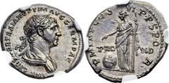 Trajan (AD 98-117). AR denarius (19mm, 3.24 gm, 8h).  Rome, AD 116-117. IMP CAES NER TRAIAN OPTIM AVG GERM DAC, laureate and draped bust of Trajan right / P M TR P COS  VI · P · P · S · P · Q - R·, Pr