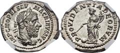 Macrinus (AD 217-218). AR denarius (20mm, 3.67 gm, 12h). Rome, AD 218. IMP C M OPEL SEV MACRINVS AVG, laureate and draped bust of Macrinus right / PROVIDENTIA DEORVM, Providentia standing left, holdin