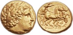 MACEDONIAN KINGDOM. Philip II (359-336 BC). AV stater (17mm, 8.58 gm, 3h). Posthumous issue of Lampsacus under Philip III Arrhidaeus, 323-316 BC. Laureate head of Apollo right / Charioteer driving big