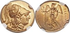 MACEDONIAN KINGDOM. Alexander III the Great (336-323 BC). AV stater (19mm, 8.61 gm, 12h).   Early posthumous issue of Phoenicia, Sidon, dated RY 13 of Abdalonymus (321/0 BC). Head of Athena right, wea