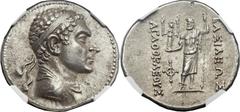GRECO-BACTRIAN KINGDOM. Agathocles (ca. 185-170 BC). AR tetradrachm (30mm, 16.86 gm, 12h). Diademed and draped bust of Agathocles right / BAΣIΛEΩΣ ΑΓΑΘΟΚΛΕOYΣ, Zeus standing facing, holding figure of 