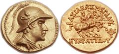 GRECO-BACTRIAN KINGDOM. Eucratides I the Great (ca. 171-145 BC). AV stater (20mm, 8.51 gm, 11h). Diademed and draped bust of Eucratides right, wearing crested and broad-brimmed Bactrian helmet adorned