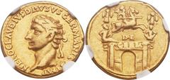 Nero Claudius Drusus, father of Claudius (died 9 BC). AV aureus (19mm, 7.59 gm, 8h). Rome, under Claudius I, AD 41-45. NERO CLAVDIVS DRVSVS GERMANICVS IMP, laureate head of Drusus left /  Triumphal ar