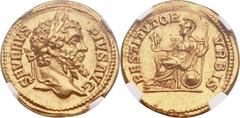 Septimius Severus (AD 193-211). AV aureus (21mm, 7.22 gm, 6h). Rome, AD 207. SEVERVS PIVS AVG, laureate head if Severus right / RESTITVTOR VRBIS, Roma seated left upon shield, holding Palladium in rig