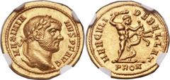 Maximian, first reign (AD 286-305). AV aureus (20mm, 5.18 gm, 7h). Rome, AD 293-4. MAXIMIANVS PF AVG, laureate head of Maximian right / HERCVLI DEBELLAT, Hercules standing right battling the Lernaean 
