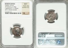 Vitellius (AD 69). AR denarius (3.38 gm).  Lugdunum (Lyon), March-July AD 69. A VITELLIVS IMP GERMAN, laureate head right, globe at point of neck / IO MAX CAPITOLINVS, Jupiter  Capitolinus seated left