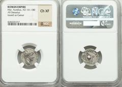 Marcus Aurelius, as Caesar (AD 138-161). AR denarius. Rome, AD 140-144. Bare head of Marcus right, beardless / Knife, sprinkler, ewer, lituus and simpulum. RIC 424a. RSC. 450. With an arresting portra