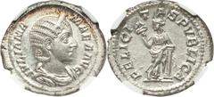 Julia Mamaea, mother of Severus Alexander (Augusta, AD 222-235). AR denarius (2.63 gm). Rome, AD 228. Draped bust of Mamaea right, wearing stephane / Felicitas standing facing, head left, leaning on c