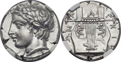 MACEDON. Chalcidian League. Ca. 432-348 BC. AR tetradrachm (24mm, 14.41 gm, 6h). Olynthus, 383-382 BC. Laureate head of Apollo left / Χ-Α-Λ-ΚΙΔ-ΕΩΝ, cithara (lyre) with seven strings. Robinson & Cleme