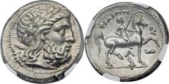 MACEDONIAN KINGDOM. Philip II (359-336 BC). AR tetradrachm (26mm, 14.07 gm, 10h). Posthumous issue of Amphipolis, ca. 316-311 BC. Laureate head of Zeus right / ΦIΛIΠ-ΠOY, naked youth on horseback righ