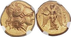 MACEDONIAN KINGDOM. Alexander III the Great (336-323 BC). AV stater (19mm, 8.61 gm, 1h). Early posthumous issue of Phoenicia, Sidon, dated RY 18 of Abdalonymus (316/5 BC). Head of Athena right, wearin