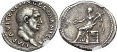 Vitellius (AD 69). AR denarius (20mm, 2.97 gm, 7h). Rome, April-December AD 69. IMP A VITELLIVS GERMANICVS, bare head of Vitellius right / No legend, Victory seated left, holding patera in right hand 