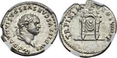 Titus (AD 79-81). AR denarius (18mm, 3.39 gm, 6h). Rome, January-June AD 80. IMP TITVS CAES VESPASIAN AVG P M, laureate head of Titus right / TR P IX IMP XV COS VIII P P, Pulvinar (throne) of Jupiter 