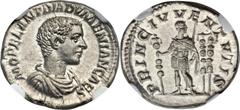Diadumenian as Caesar (AD 217-218). AR denarius (19mm, 4.10 gm, 12h). Rome, July AD 217-March AD 218. M OPEL ANT DIADVMENIANVS CAES, bareheaded, draped, and cuirassed bust of Diadumenian right / PRINC