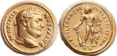 Maximianus, rirst reign (AD 286-305). AV aureus (17mm, 5.35 gm, 6h).  Treveri (Trier) mint. Struck 20 November AD 303. MAXIMIA-NVS P F AVG, laureate head of Maximian right / HERCVLI CONSER AVG ET CAES