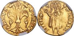 Albert II Goldgulden ND (1330-58) MS62 NGC, Judenburg mint, Fr-1, De Mey-256. DVX • ALB | ERTVS, Florentine lily / + S • IOHA | NNES • B (Arms), St. John standing holding scepter and raising hand in b