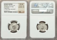 Macrinus (AD 217-218). AR denarius (3.24 gm). Rome, January-June AD 218. Laureate and cuirassed bust of Macrinus right / Fides standing facing, head right, holding signa in each hand. RIC 43. RIC 96. 