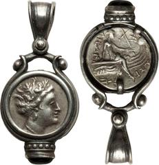 ANCIENT COIN JEWELRY. Ca. 196-142 BC. AR tetrobol of Euboia, Histiaea, set in modern pendant. Head of maenad right, wreathed with vine leaves / Nymph Histiaea astride winged galley stern right, triden