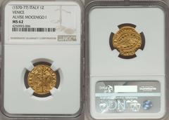 Venice. Alvise Mocenigo I gold Zecchino ND (1570-77) MS62 NGC, Fr-1263. An early Venetian type, seldom encountered in mint state. Christ on the reverse is especially well struck for this issue.