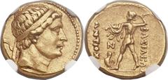 GRECO-BACTRIAN KINGDOM. Diodotus I as Satrap (ca. 250-230 BC). AV stater (20mm, 8.23 gm, 6h). Mint A, in the name of Antiochus II. Diademed head of Diodotus I right / ΒΑΣΙΛΕΩΣ ΑΝΤΙΟΧΟΥ, nude Zeus, str
