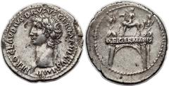 Nero Claudius Drusus, father of Claudius (died 14 BC). AR denarius (19mm, 3.71 gm, 6h). Rome, under Claudius, AD 41-54. NERO CLAVDIVS DRVSVS GERMANICVS IMP, laureate head of Drusus left / DE GERMANIS 