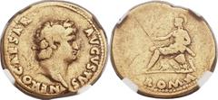 Nero (AD 54-68). AV aureus (18mm, 6.94 gm, 6h). Rome, AD 64-65. NERO CAESAR AVGVSTVS, laureate head of Nero right / Roma seated left on cuirass, resting right foot on helmet, holding Victory and paraz
