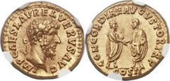 Lucius Verus (AD 161-169). AV aureus (19mm, 6.96 gm, 1h). Rome, March-December AD 161. IMP CAES L AVREL VERVS AVG, laureate head of Verus right / CONCORDIAE AVGVSTOR TR P, Marcus Aurelius and Lucius V