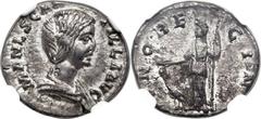 Manlia Scantilla, wife of Didius Julianus (Augusta, AD 193). AR denarius (19mm, 3.04 gm, 6h). Rome, under Didius Julianus, March-June AD 193. MANL SCAN-TILLA AVG, draped bust of Scantilla right / IVNO