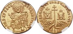 Basil I the Macedonian (AD 867-886), with Constantine. AV solidus (20mm, 4.44 gm, 6h). Constantinople, AD 870-871. + IhS XPS RЄX RЄGNANTIЧM*, Christ, nimbate, seated facing, wearing chiton, raising ha
