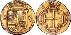 Philip II gold Cob 2 Escudos ND (1556-98)-M VF35 NGC, Toledo mint, 6.6g, Calico-87 var. An unusual offering featuring the assayer "M" but without the letter for the mint. We are confident in the attri