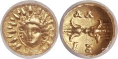CALABRIA. Tarentum. Under Alexander the Molossian, King of Epirus (350-330 BC). AV hemilitron or 12th stater (8mm, 0.63 gm, 12h). NGC AU 4/5 - 5/5. Struck ca. 333-331/0 BC. Radiate head of Helios faci