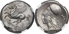 CORINTHIA. Corinth. Ca. 375-345 BC. AR stater (21mm, 8.54 gm, 12h). NGC MS S 5/5 - 5/5, Fine Style. Pegasus flying left, koppa below / Head of Athena left, wearing crestless Corinthian helmet pushed b
