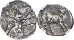 CRETE. Gortyna. Ca. 330-270 BC. AR stater (23mm, 11.39 gm, 3h). NGC XF 4/5 - 4/5, overstruck. Europa, nude to the waist, seated facing in tree, raising her veil with right hand, left arm holding eagle
