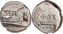 LYCIA. Phaselis. Ca. 4th century BC. AR stater (22mm, 10.36 gm, 8h). NGC AU S 5/5 - 4/5. Prow of galley right, gunwale decorated with gorgoneion, cicada to right / ΦAΣ above galley stern to left. Heip