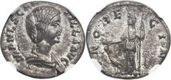 Manlia Scantilla, wife of Didius Julianus (Augusta, AD 193). AR denarius (19mm, 3.04 gm, 6h) NGC AU 5/5-4/5.  Rome, under Didius Julianus, March-June AD 193. MANL SCAN-TILLA AVG, draped bust of Scanti
