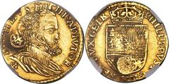 Holland. Dutch Revolt (1566/8-1581) gold Counterstamped Ducat 1573-1574 AU53 NGC, cf. PW pg. 22 for background on the revaluation of 1573-1574, host coin: Gelderland. Philip II of Spain 1/2 Real ND (1