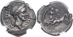 Julius Caesar, as Dictator (49-44 BC). AR denarius (19mm, 3.80 gm, 9h). NGC Choice XF 5/5 - 2/5, graffiti. Rome, January 44 BC, M. Mettius, moneyer. CAESAR • DICT QVART, head of Caesar right, wearing 