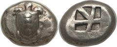 SARONIC ISLANDS. Aegina. Ca. 480-457 BC. AR stater (20mm, 12.30 gm). NGC Choice VF 5/5 - 4/5. Sea turtle, viewed from above, head in profile, row of dots forming T pattern on shell / Large square incu