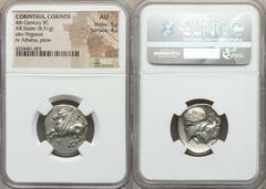 CORINTHIA. Corinth. Ca. 375-300 BC. AR stater (8.51 gm). NGC AU 5/5 - 4/5. Pegasus flying left, qoppa below / Head of Athena left, wearing Corinthian helmet pushed back on head, decorated with laurel 