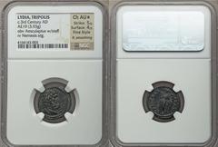 LYDIA. Tripolis. Ca. early 3rd century AD. Æ19mm (3.93 gm). NGC Choice AU S 5/5 - 4/5, Fine Style, light smoothing. Draped bust of Aesculapius right, serpent-entwined staff ibefore / Winged Nemesis st