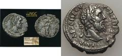 Pertinax (AD 193). AR denarius (2.33 gm). NGC (photo certificate) Choice VF 4/5 - 2/5, light smoothing. Rome, January-March AD 193. Laureate head of Pertinax right / Laetitia standing left, holding sc